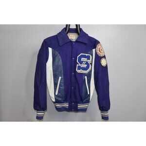 Vintage 60s Fab Knit Wool Varsity Letterman Jacket Blue 36 Made in USA 1963